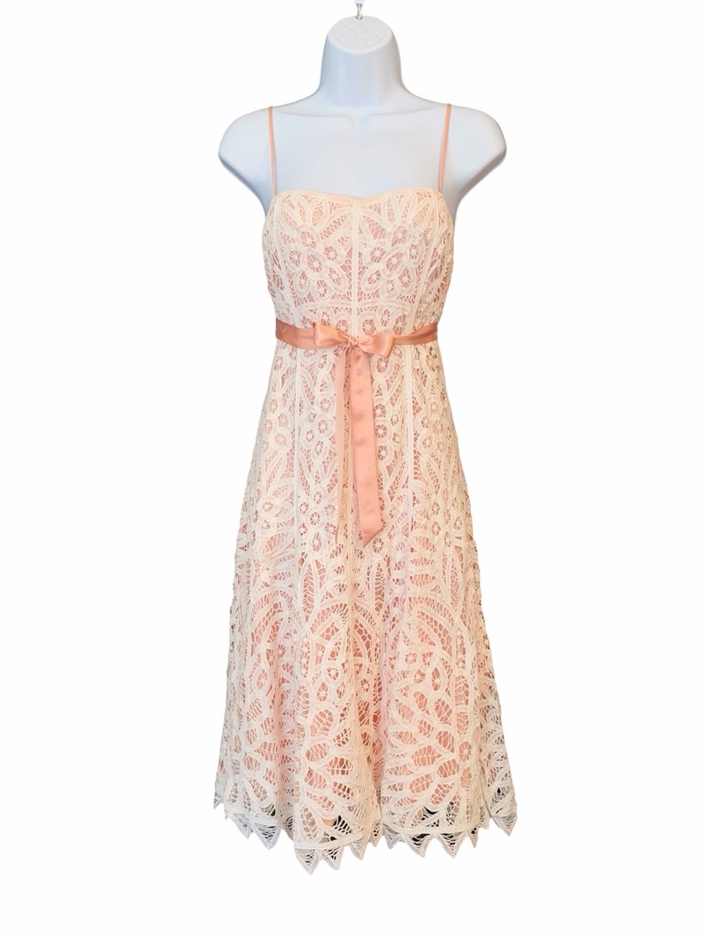 Vintage Betsey Johnson New York Cream Battenberg Lace Pink Ribbon Belt Dress